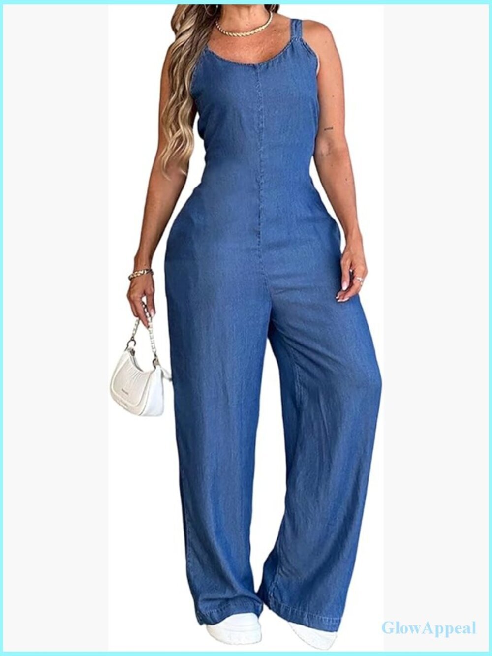 Womens V Neck Elastic Waist Sleeveless Jumpsuit Loose Wide Leg Romper